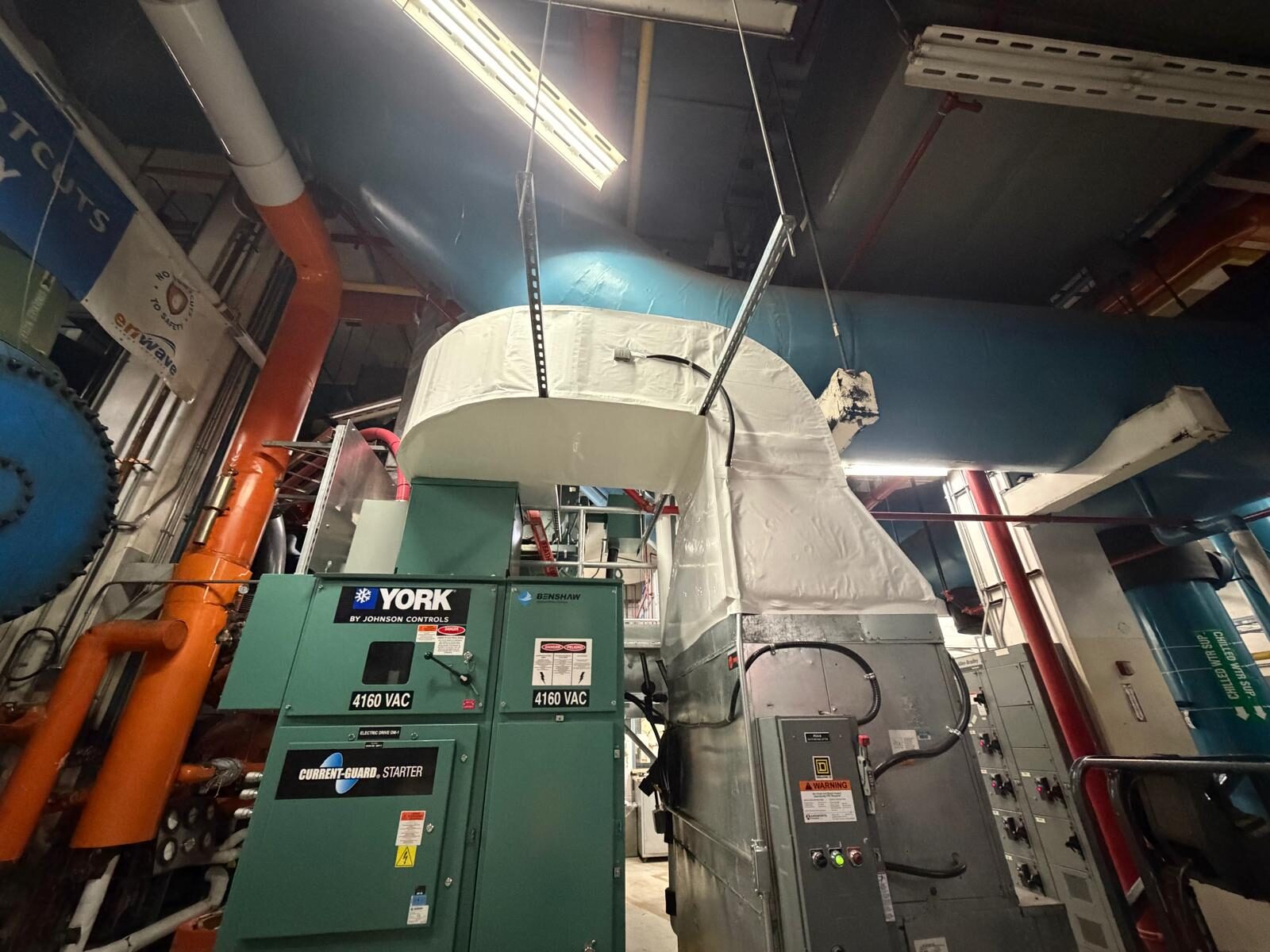 Custom ductwork and fittings in a mechanical room